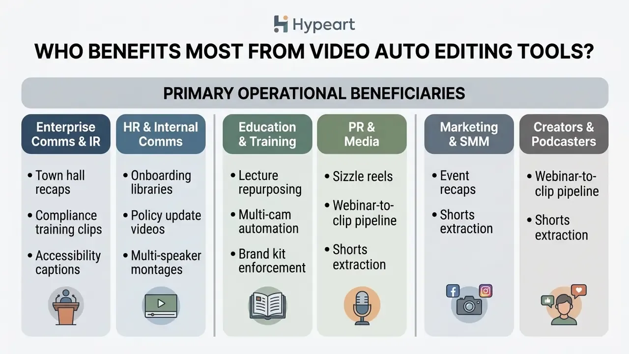 List of professional sectors and their specific use cases for automated video production workflows