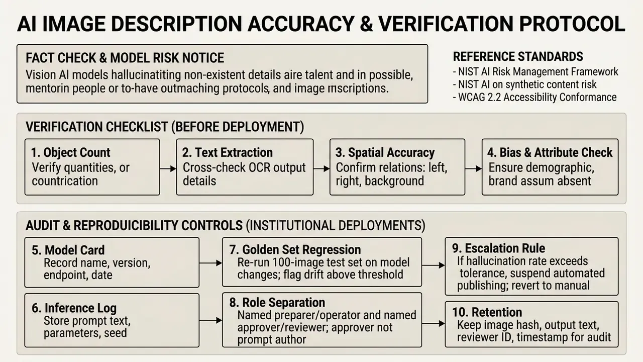 Structured flowchart outlining a ten-step verification protocol for auditing visual model outputs