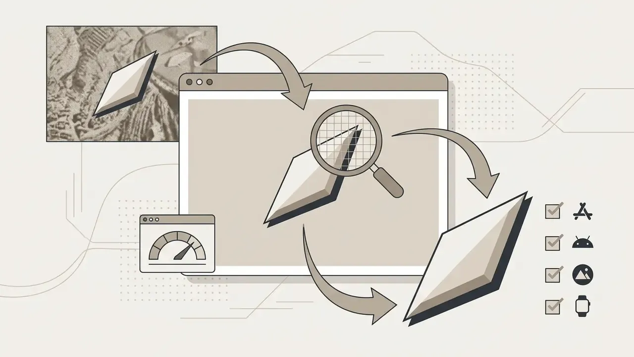 Magnifying glass inspecting an icon within a browser window for editing and platform optimization