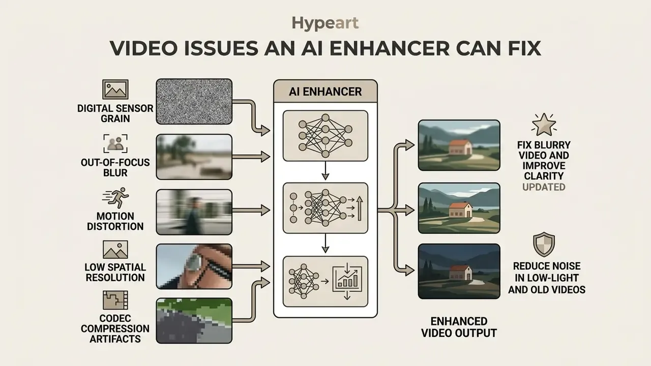 Diagram showing how an AI tool corrects common video flaws like blur, noise, and compression artifacts