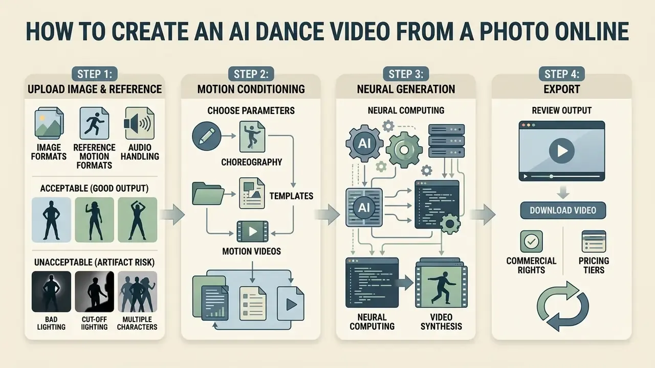 Four-step process flow chart detailing how to create an AI dance video from image and motion inputs