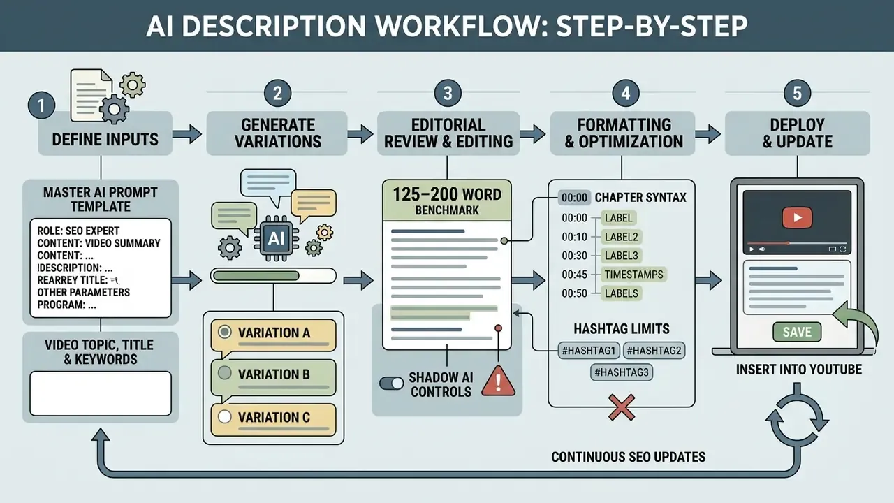 Five-step process for a YouTube video description generator from initial inputs to final deployment