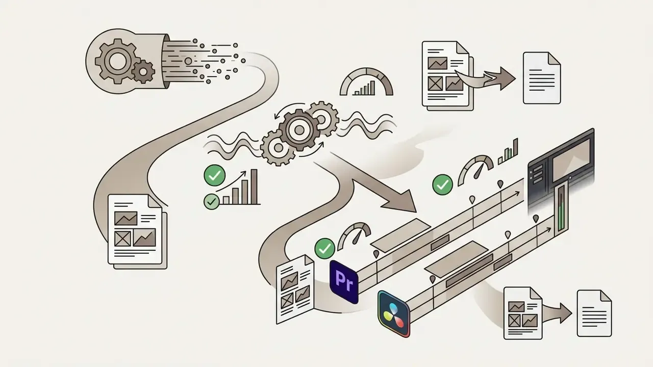 Data flowing through gears into Adobe Premiere Pro and DaVinci Resolve timelines for caption editing
