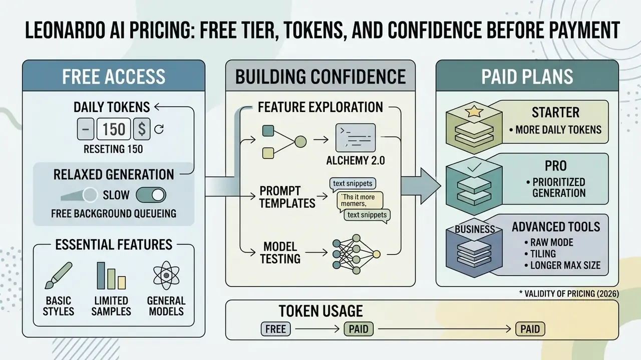 Infographic comparing Leonardo AI free tier features with paid subscription plan benefits and token usage