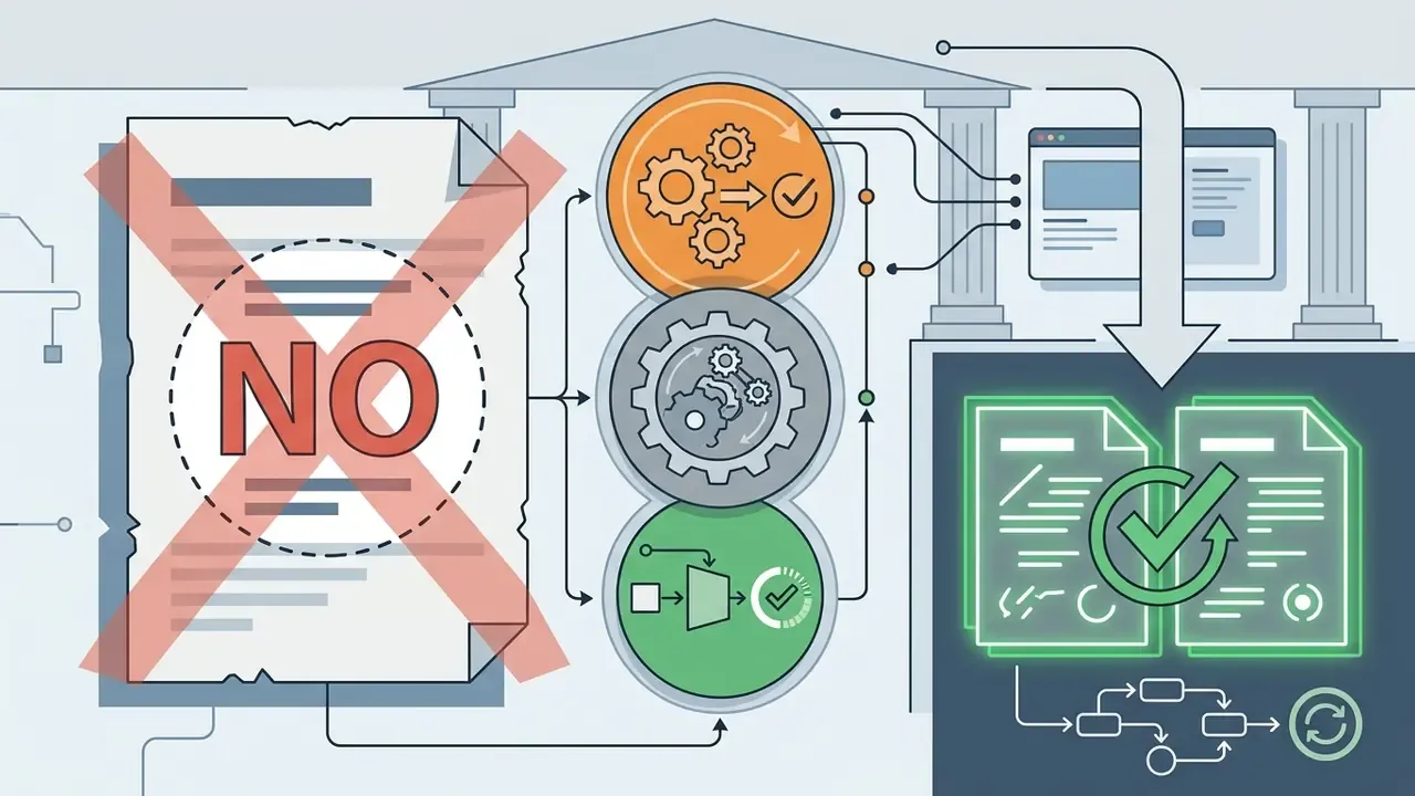 Process flow showing rejected documents being reprocessed through gear mechanisms into validated files