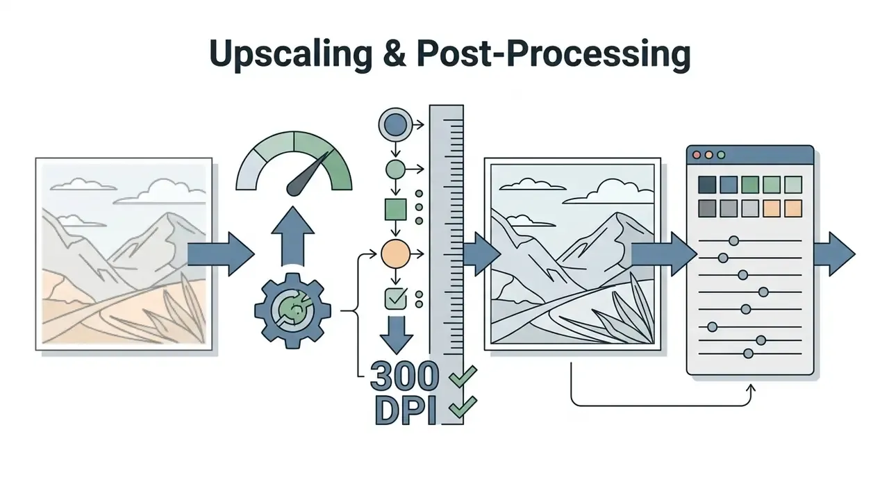 Landscape image passing through a gear-driven resolution gauge to a color grading control panel