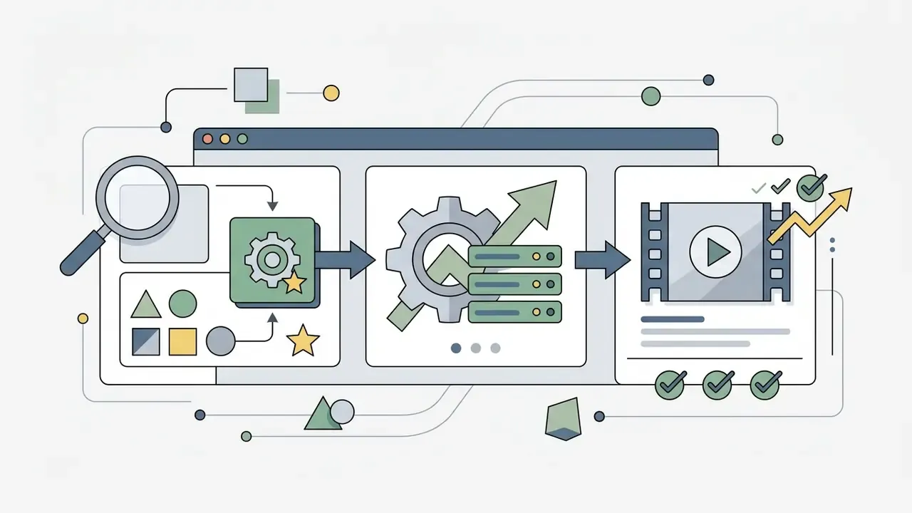 Three connected panels showing search, gear-driven data processing, and final video generation steps