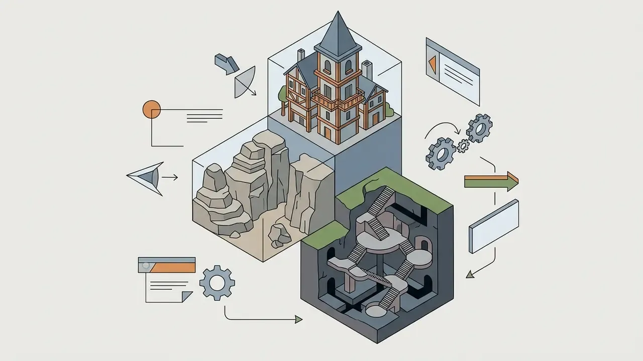 Isometric blocks showing a building, rocky cliffs, and a multi-level dungeon with gear and document icons