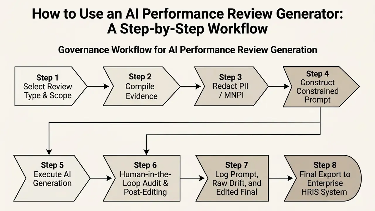 Flowchart outlining eight sequential stages for generating and auditing an AI performance review