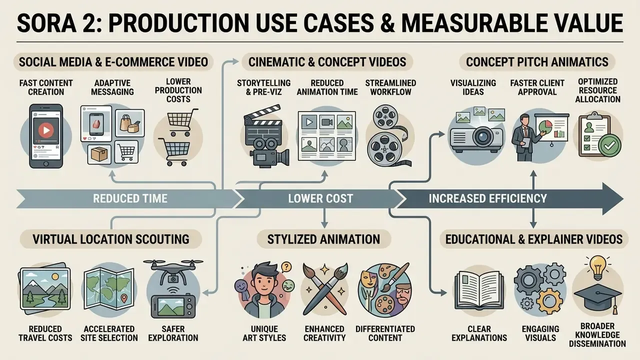 Flowchart detailing how the Sora 2 AI video generator provides economic benefits across six industry sectors
