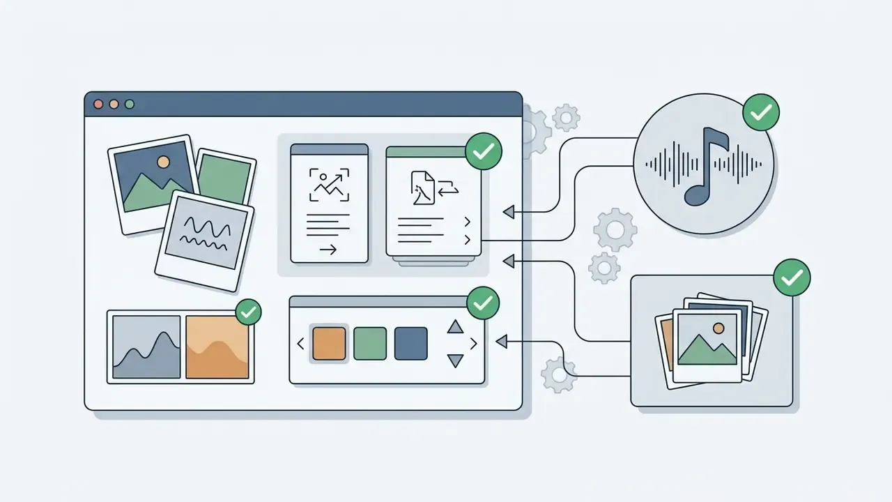 Browser window integrating external music and stock image libraries into a digital editing workspace