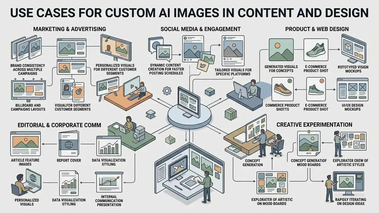 Visual map connecting a central computer to various professional applications in marketing and design