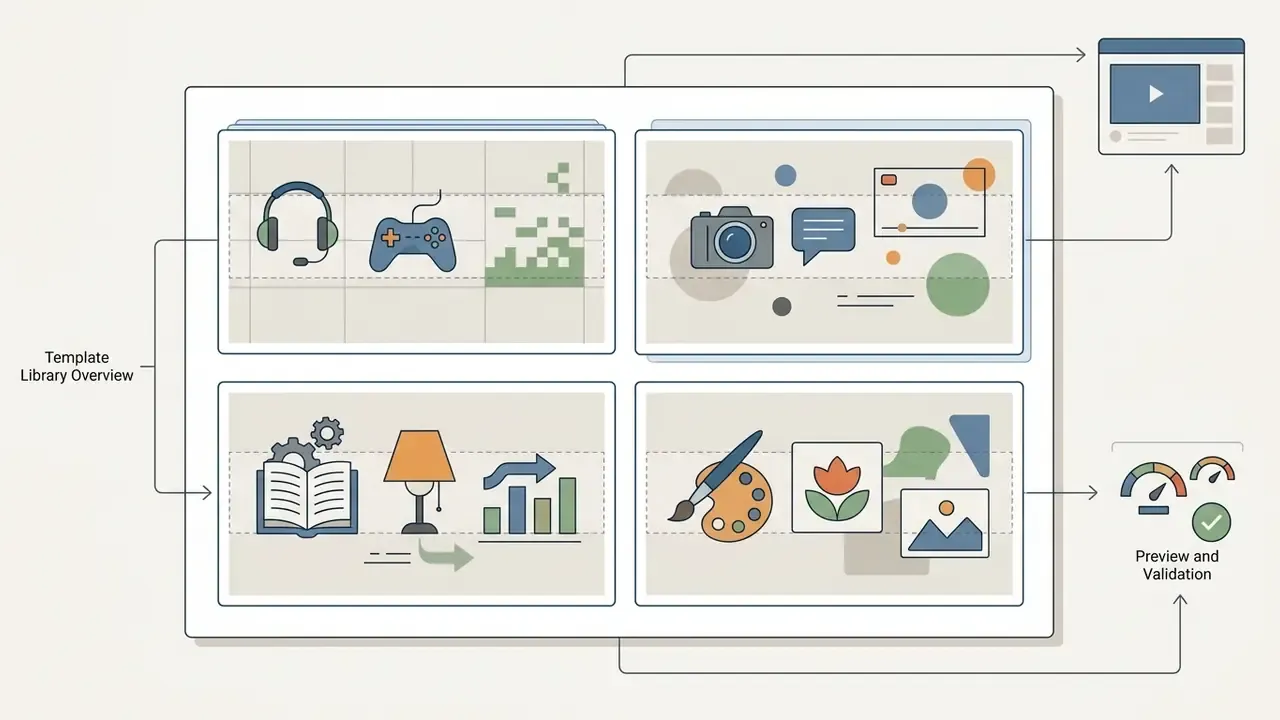 Four themed YouTube banner templates showing design elements and connection to preview and validation tools