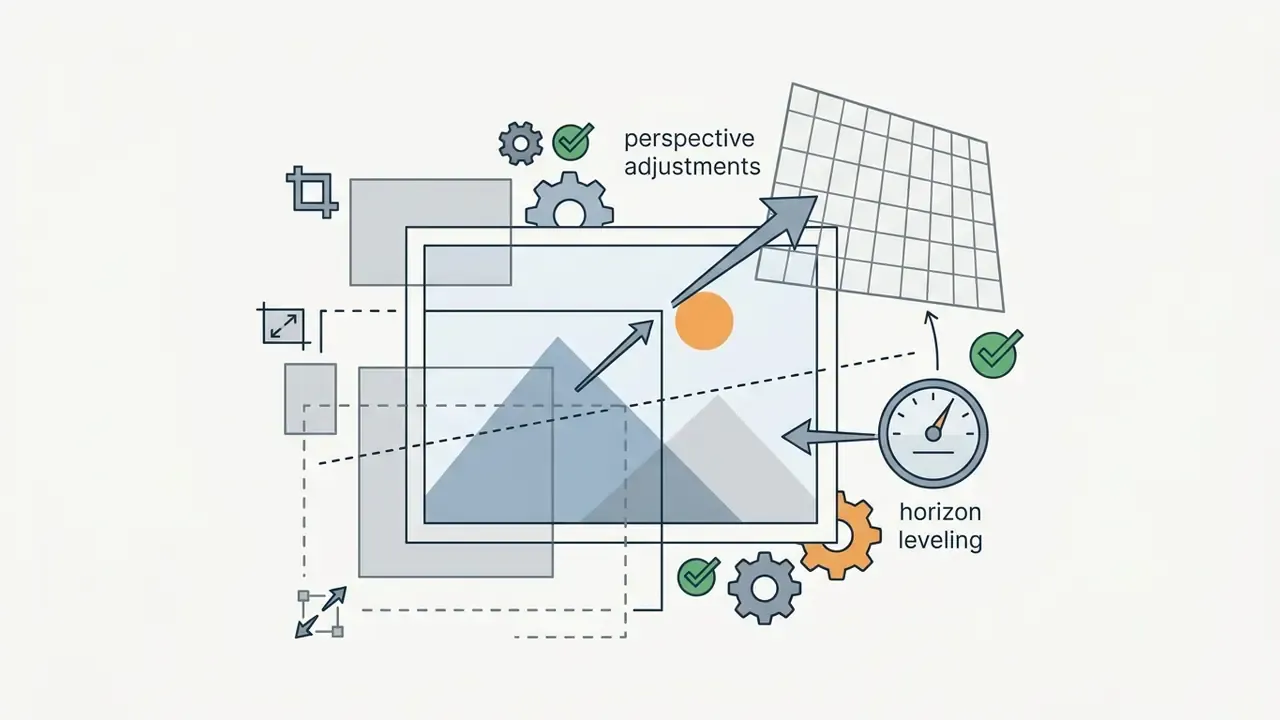 Graphics showing perspective and horizon leveling tools for a photo editor for Mac