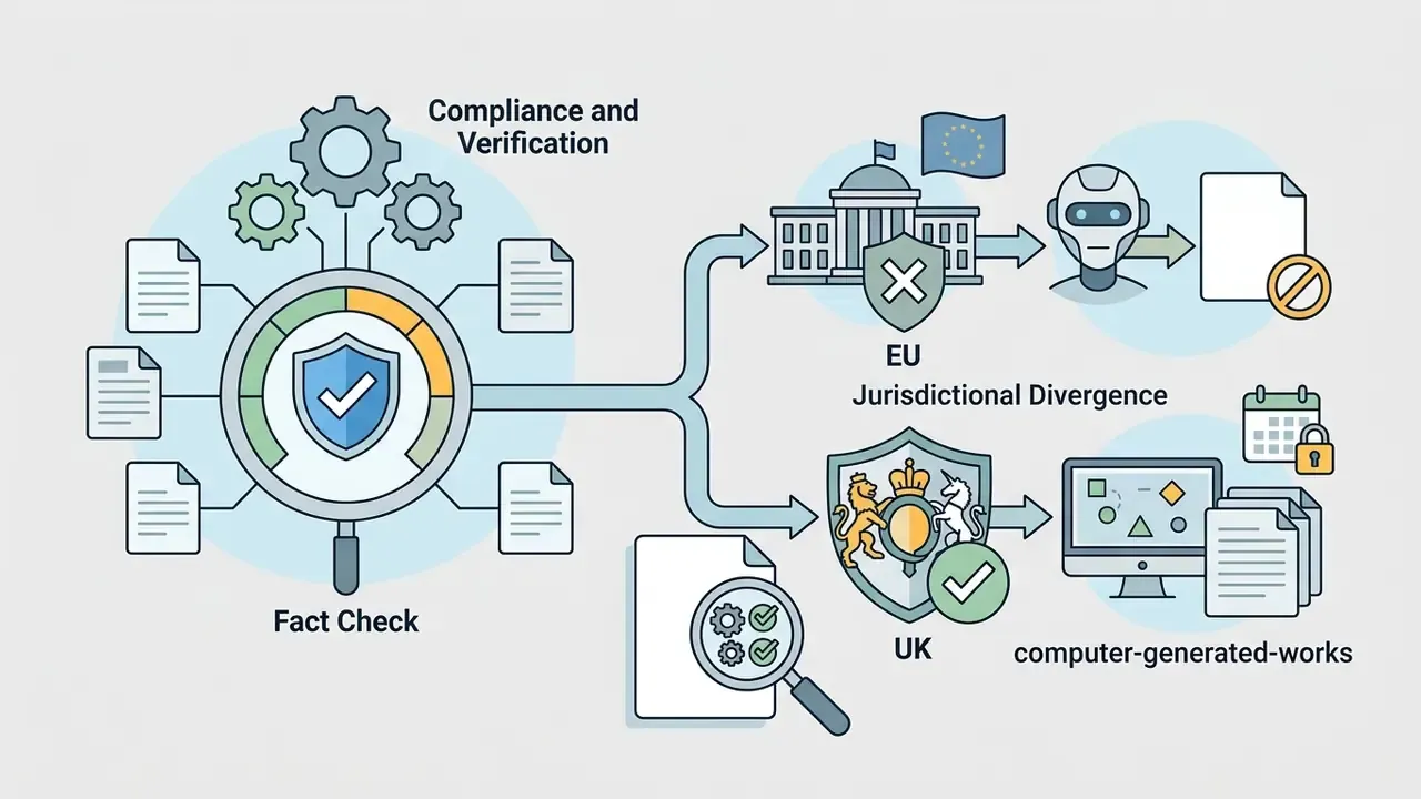 Documents moving through a verification process into separate EU and UK legal frameworks for digital assets