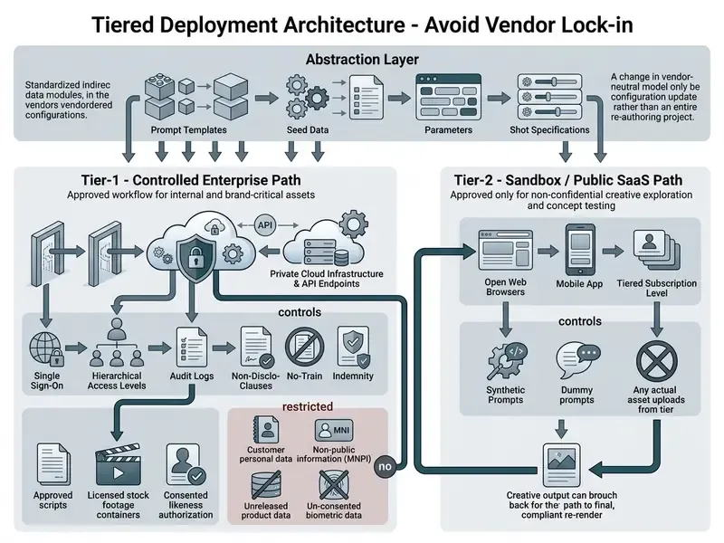 Diagram comparing controlled enterprise API paths with public SaaS sandbox environments for AI video tools