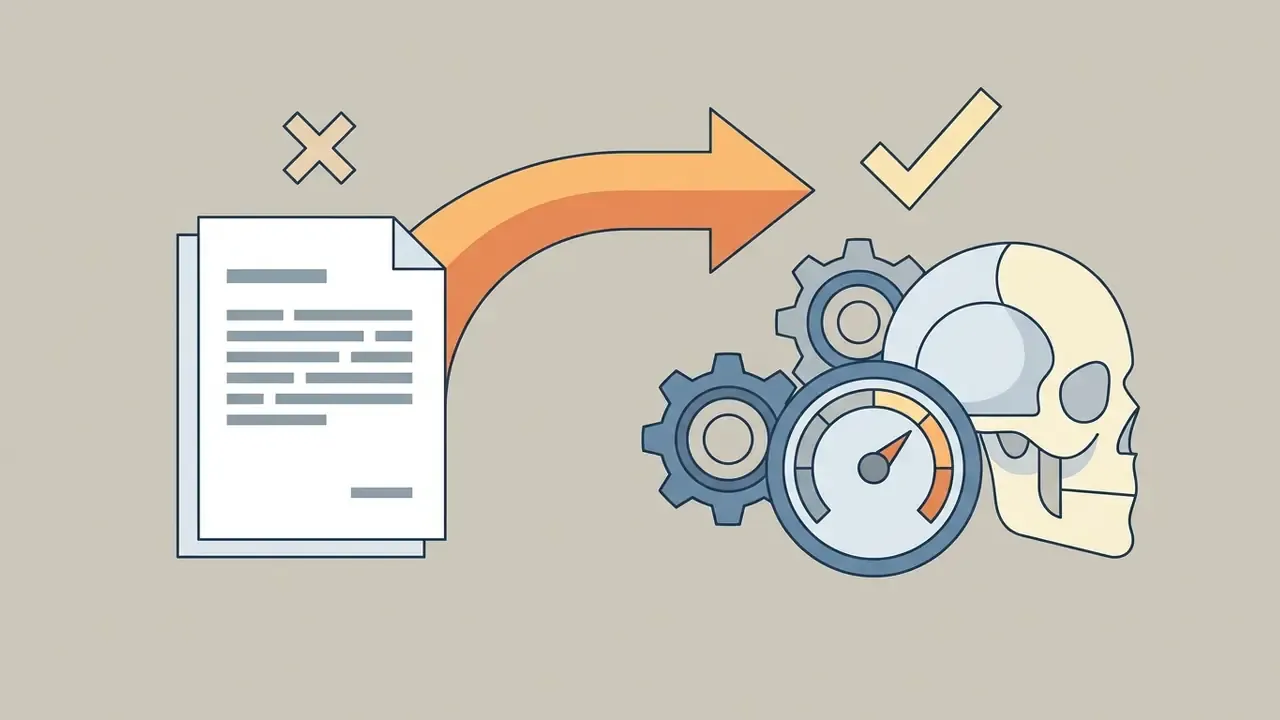 Document with an X mark moving through an arrow toward gears, a speed gauge, and a human skull