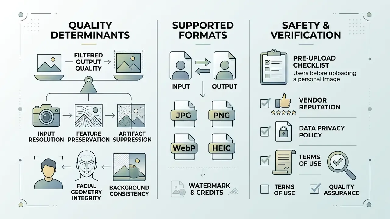 Three column infographic detailing technical quality factors, supported file types, and safety checklists