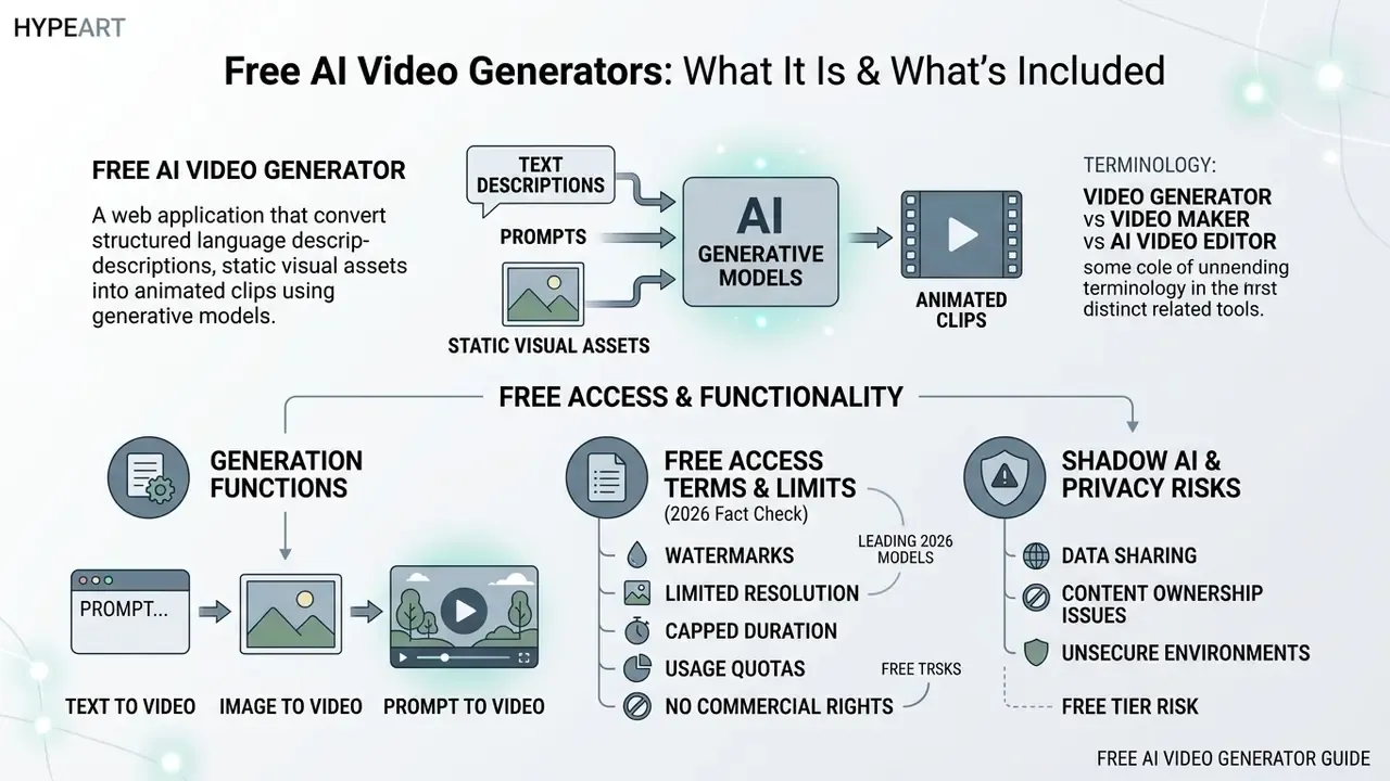 Flowchart showing how a free AI video generator processes prompts into clips and lists common access limitations