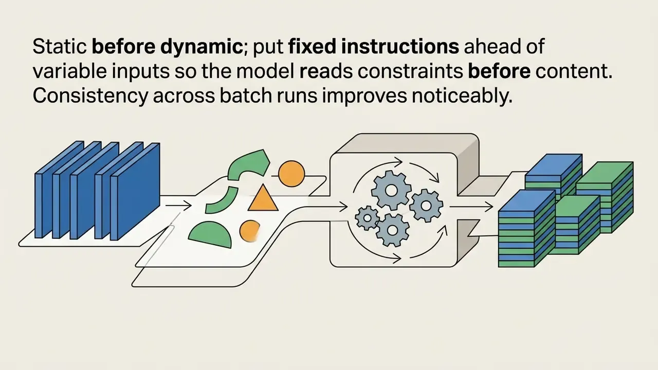 Stacked blue blocks and geometric shapes moving through a gear processor into organized output piles