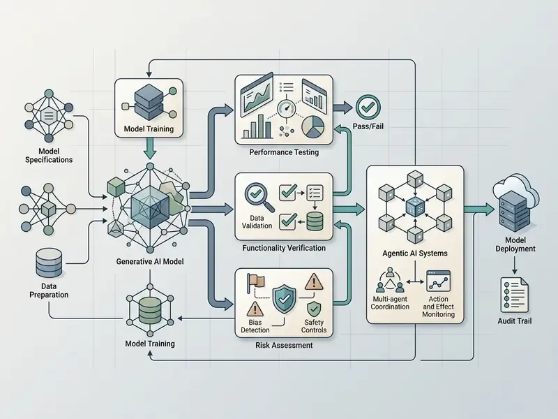 Process map showing generative AI model development, testing, risk assessment, and agentic system deployment