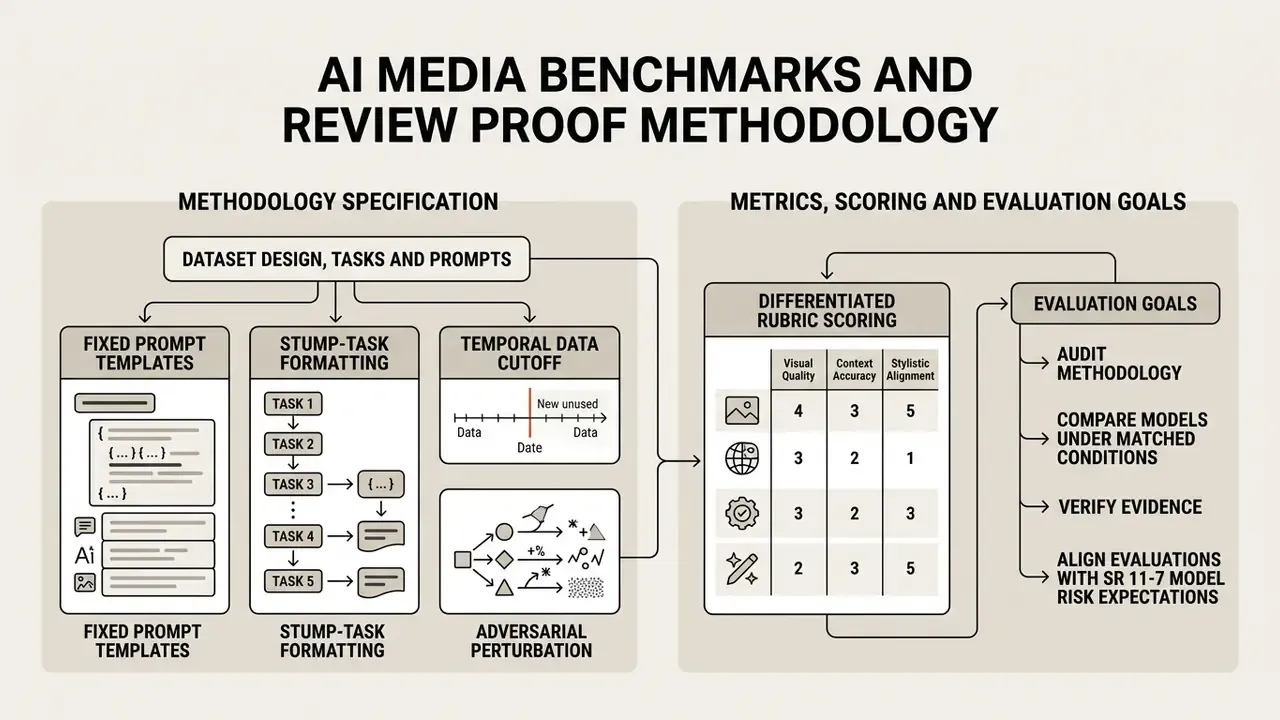 Flowchart outlining AI media benchmarks and review proof methodology from dataset design to rubric scoring