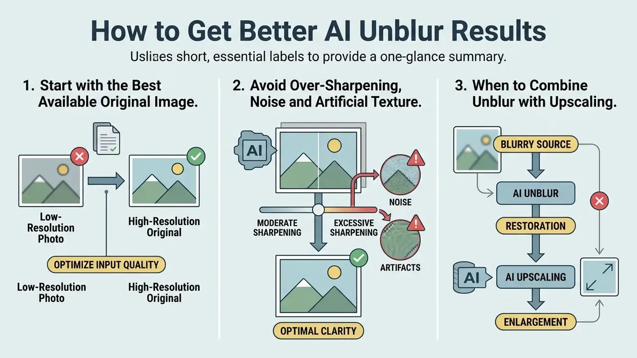 Three step guide showing input quality, sharpening thresholds, and sequential upscaling workflows