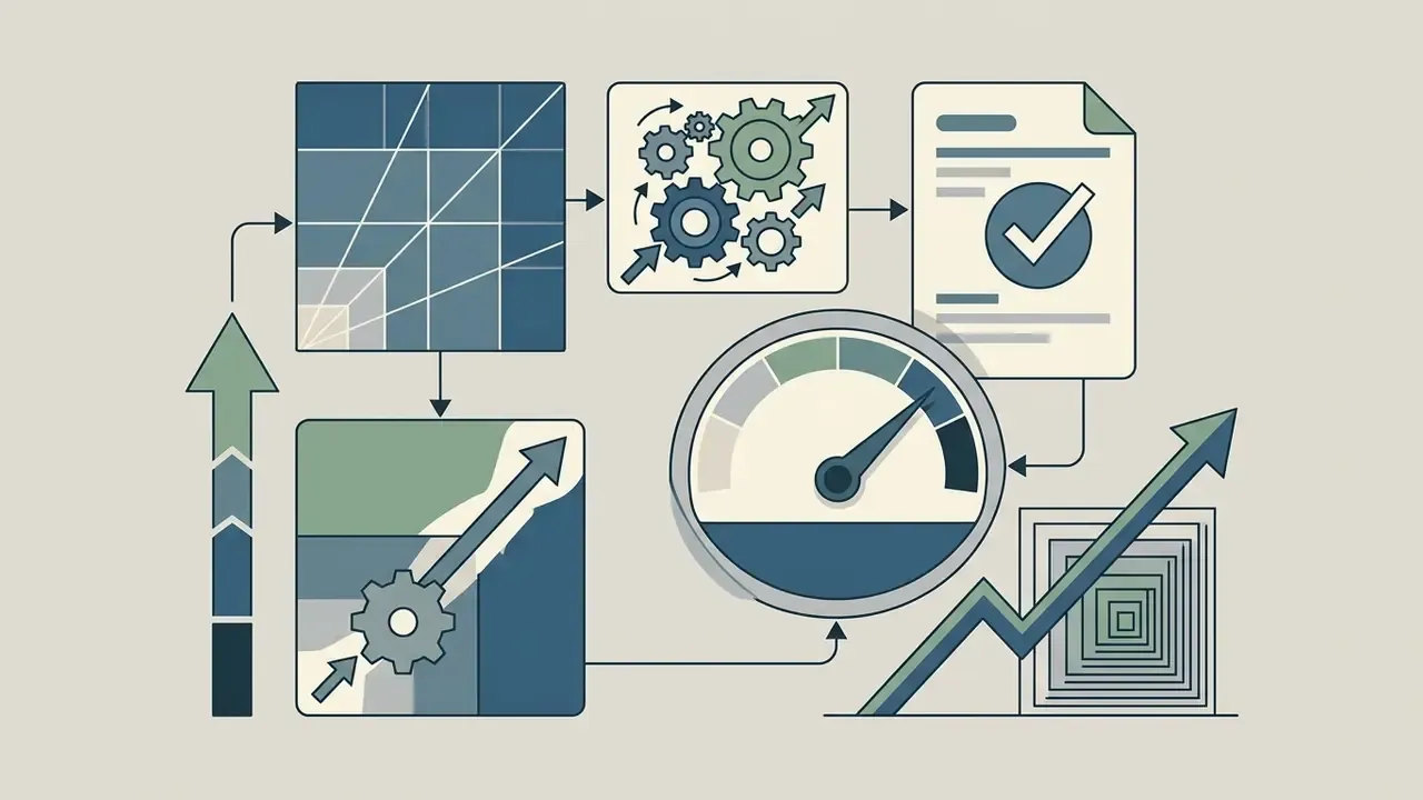 Grid and gear icons connecting to a document with a checkmark and a gauge indicating resolution progress