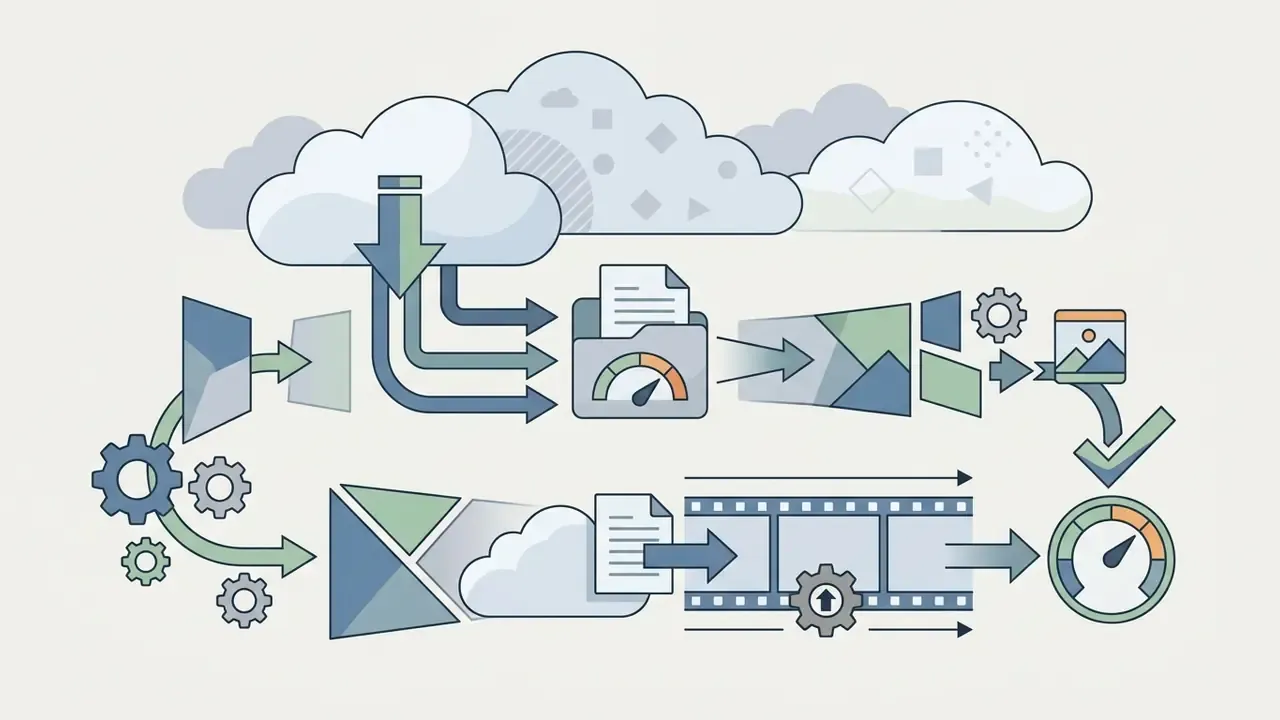 Cloud storage icons connecting to file processing steps to speed up video online