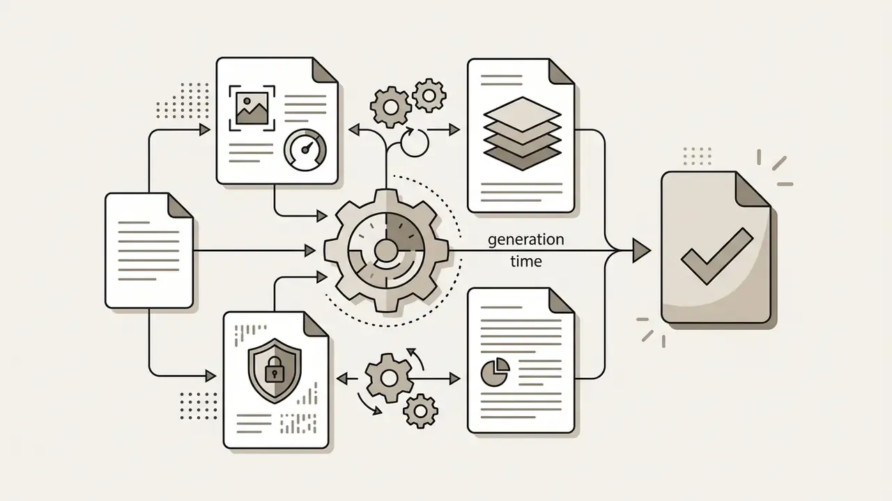Files with icons feeding into a central gear mechanism to produce a verified document at generation time