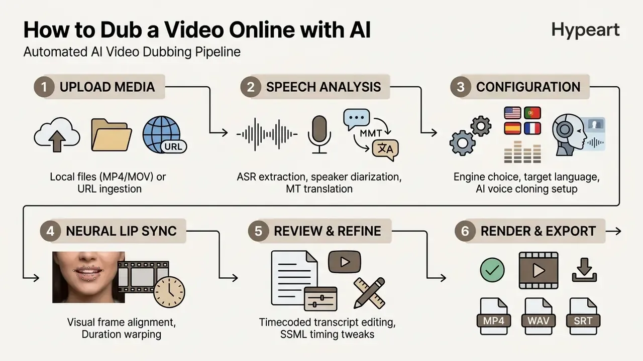 Six-step process diagram illustrating an automated AI video dubbing pipeline from upload to export