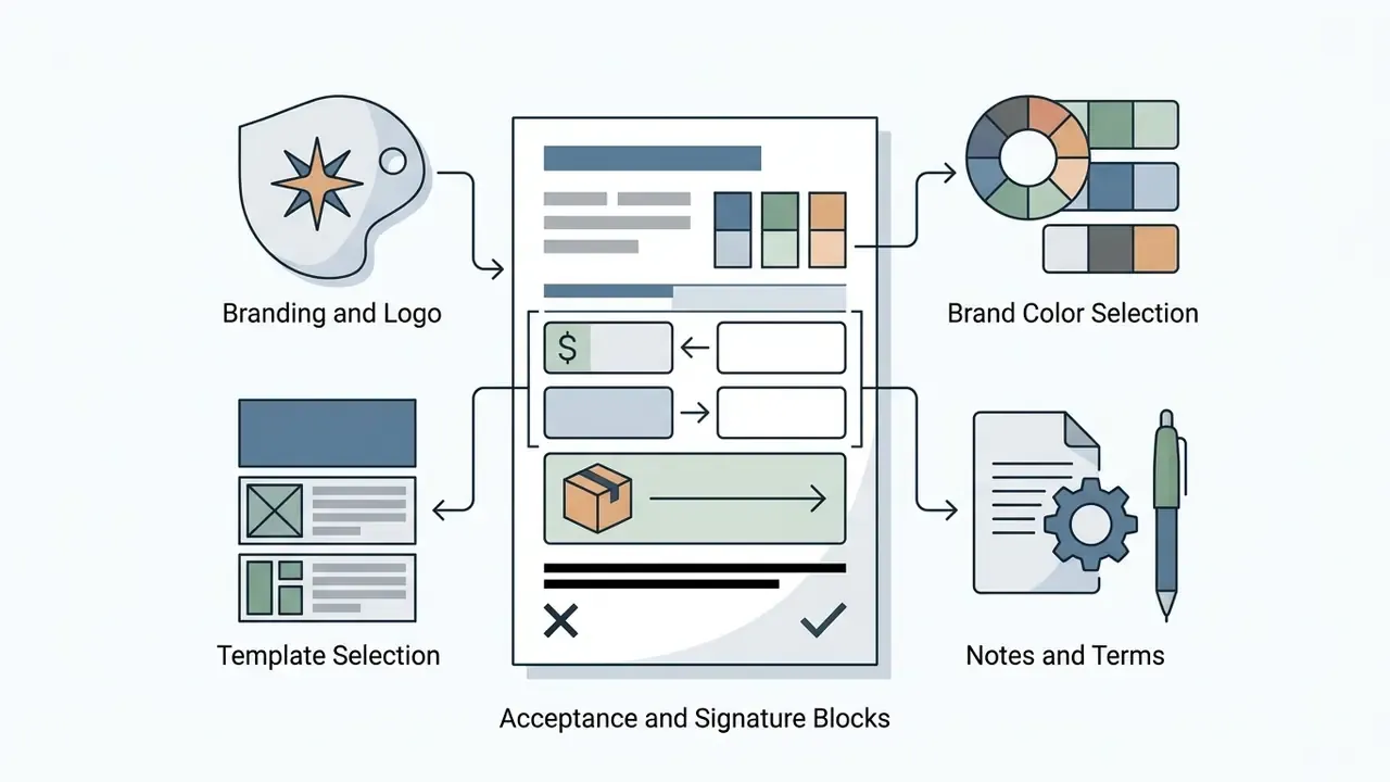 Document layout surrounded by icons for branding, color, template, and signature settings
