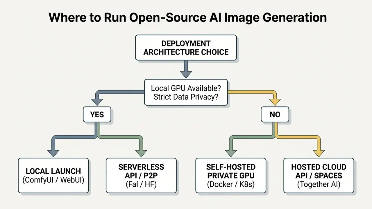 Decision tree flowchart showing deployment options for an open source AI image generator based on hardware