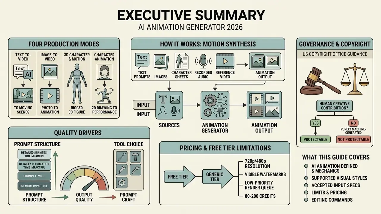 Infographic showing production modes, motion synthesis, copyright guidance, and pricing for an animation generator