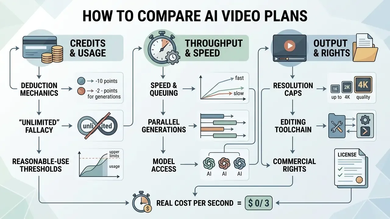 Diagram detailing factors like credit usage, generation speed, and output rights for AI video subscriptions