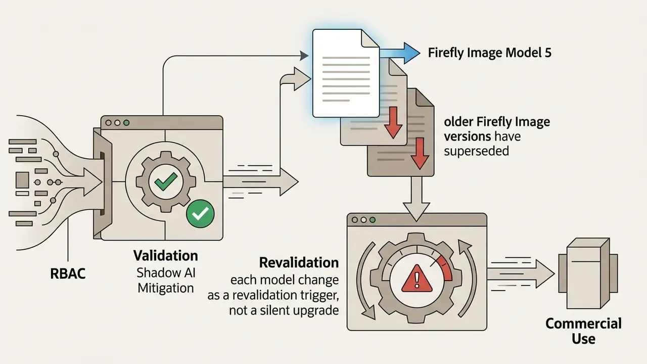 Process showing model version updates triggering revalidation before reaching commercial use