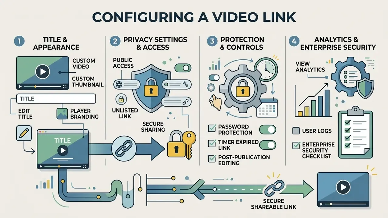 Four step infographic detailing the video link generator process including privacy and security settings