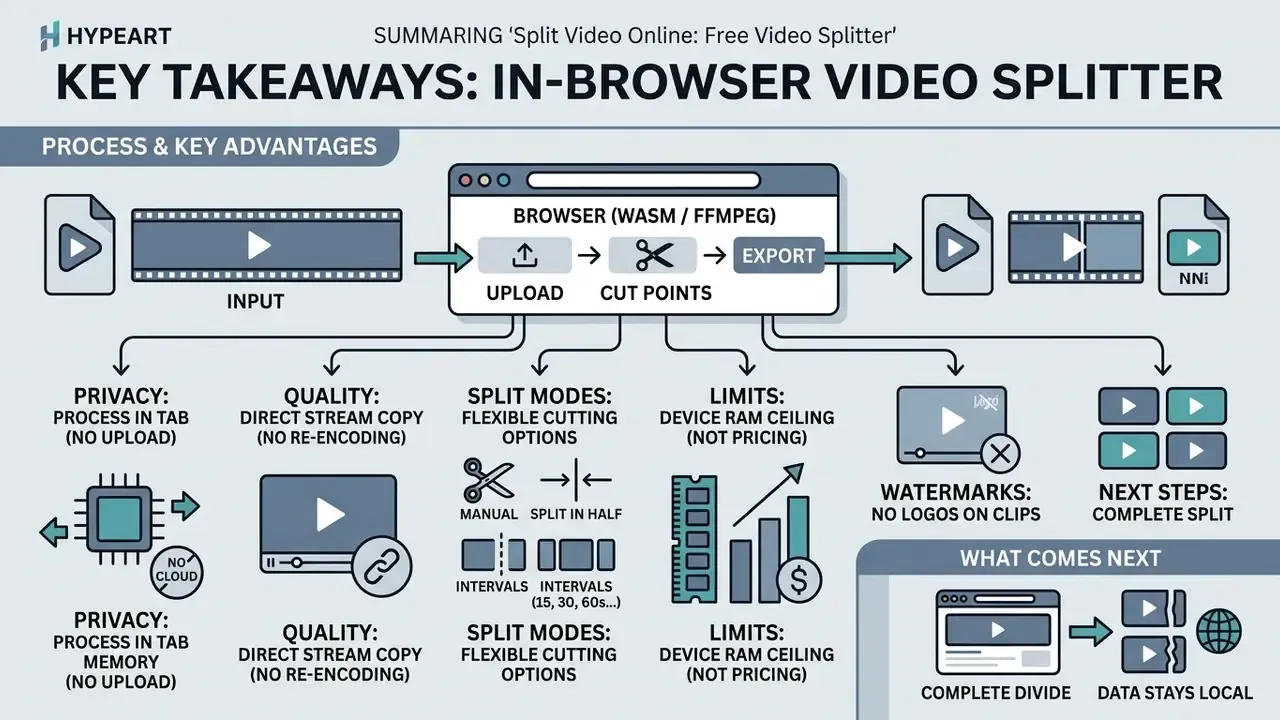 Infographic showing the process of an online video splitter using browser memory to cut files