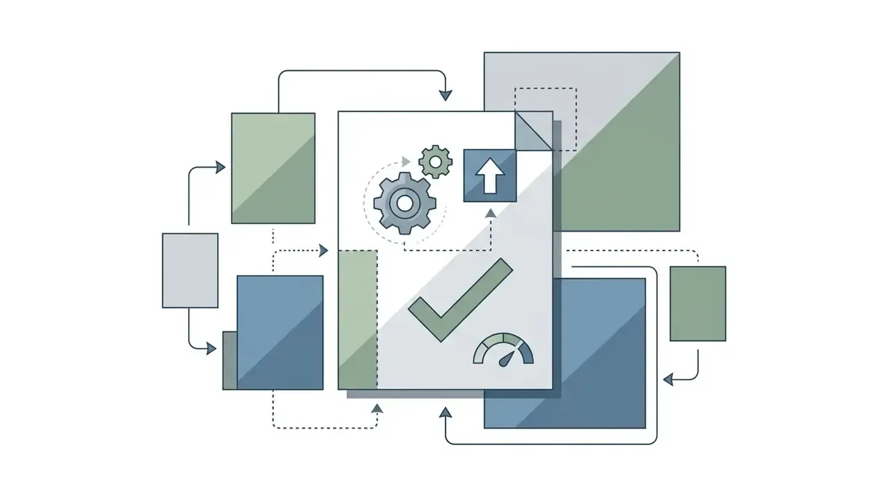 Document icon with checkmark, gears, and gauge surrounded by various paper templates and flow arrows