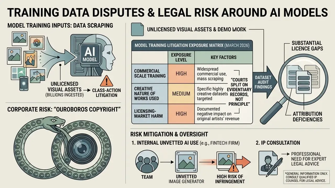 Infographic showing data scraping risks, litigation exposure, and legal oversight for AI models