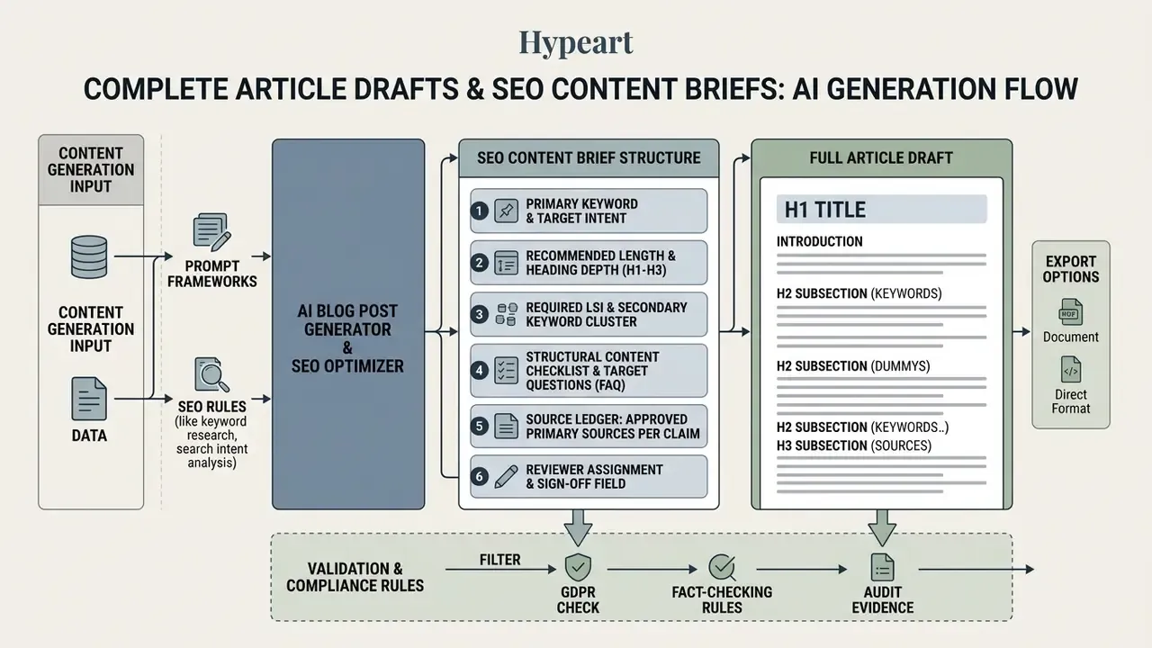 Process map showing inputs, SEO brief structure, full article drafting, and final compliance validation