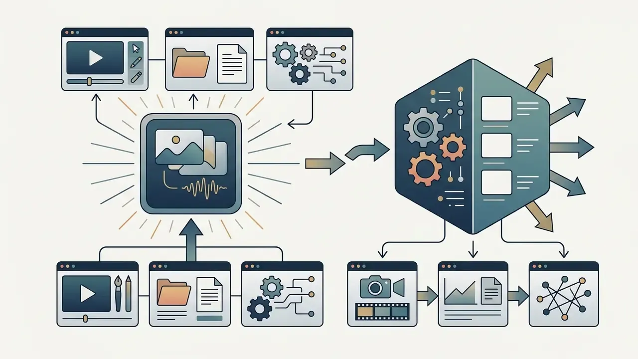 Digital assets feeding into a processing hub that outputs diverse video editing and analysis workflows