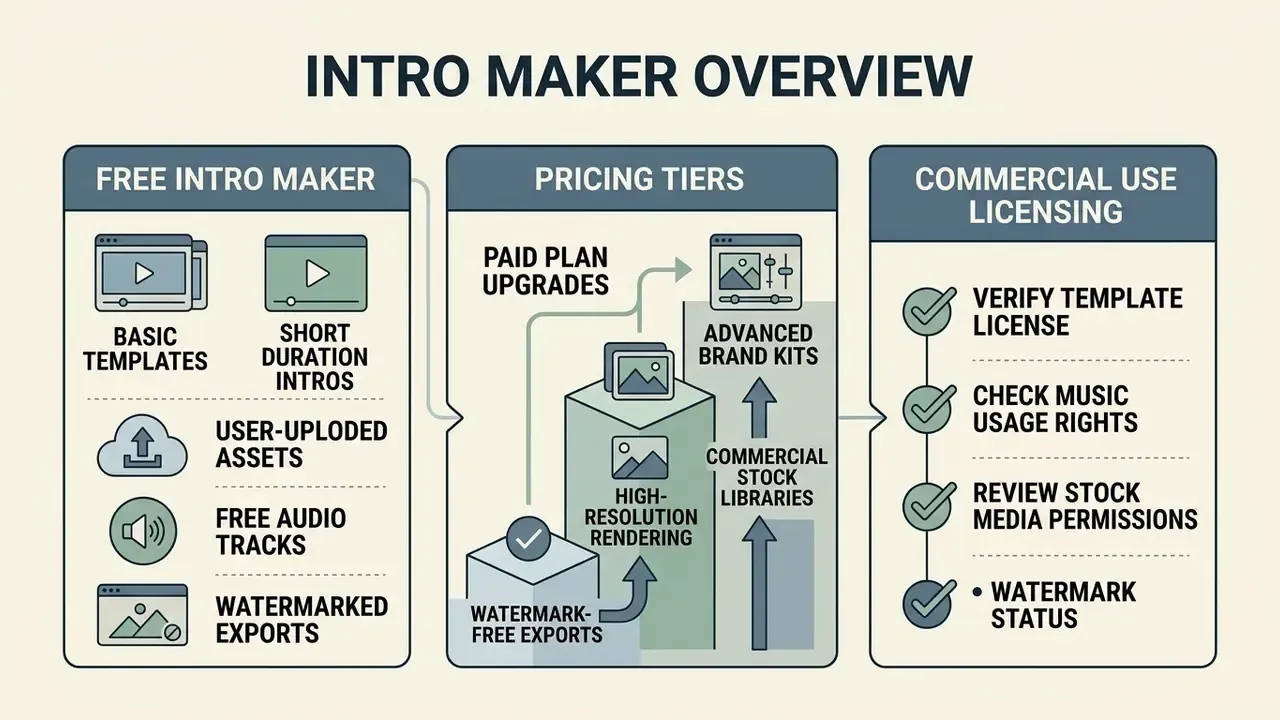 Diagram summarizing intro maker features, subscription levels, and commercial licensing requirements