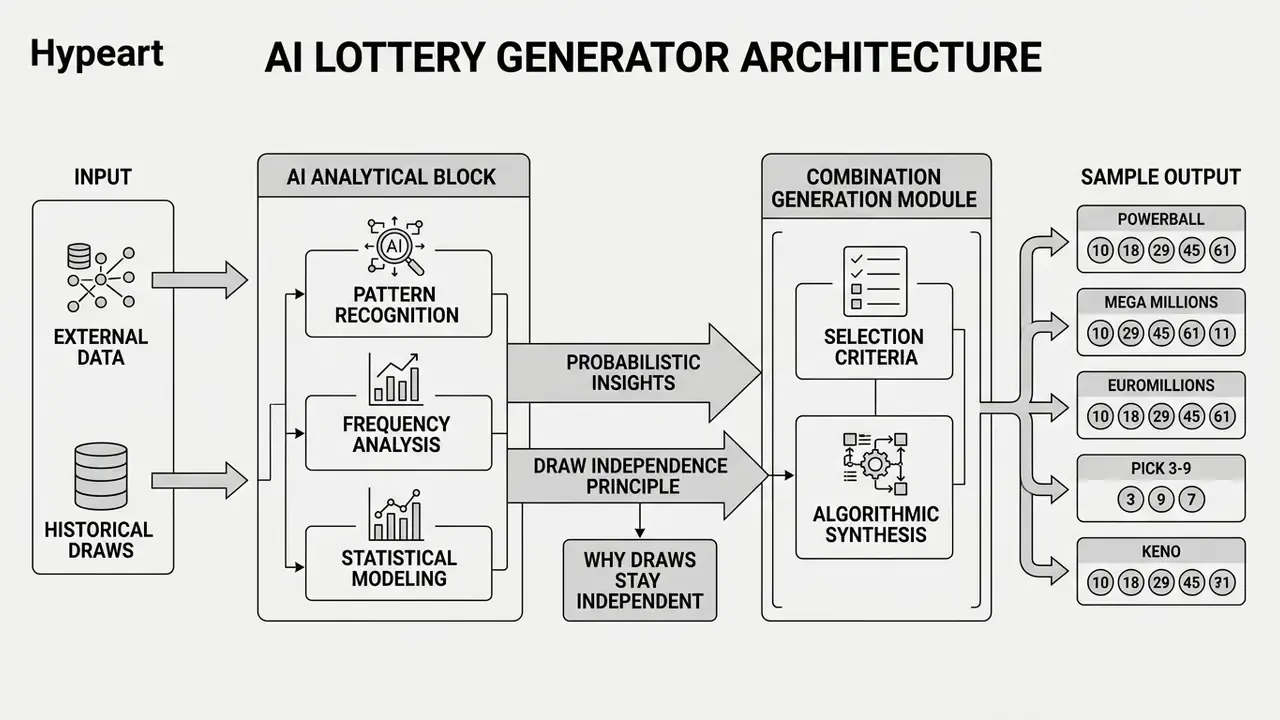 Flowchart showing data input feeding into an AI analytical block and a combination generation module