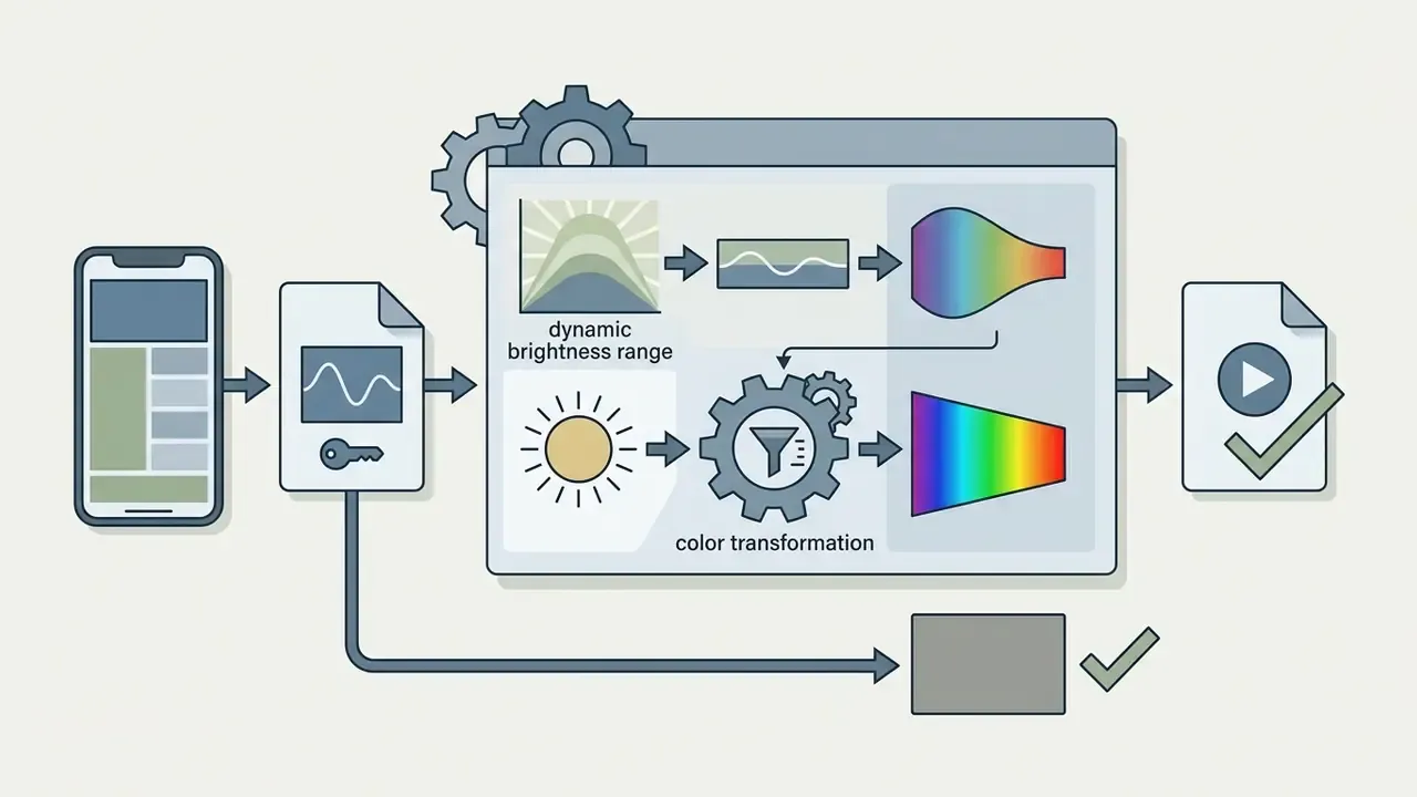 HDR video file from a mobile device undergoing color transformation to standard dynamic range output