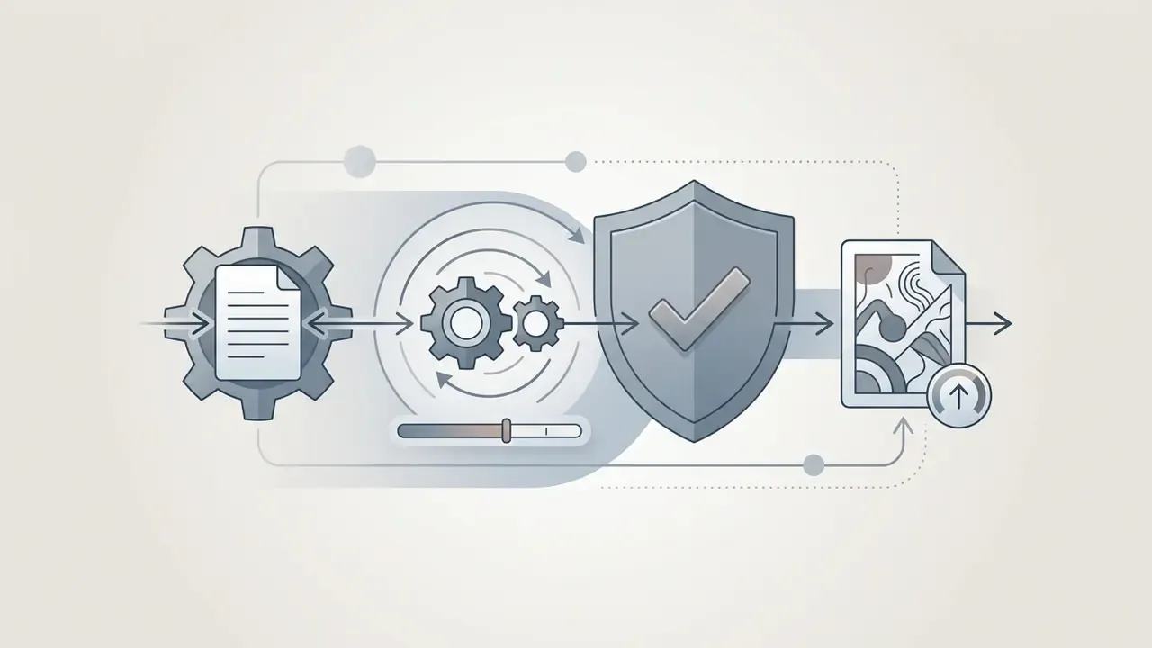 Sequence of gears and a shield icon representing the processing and protection of AI art content