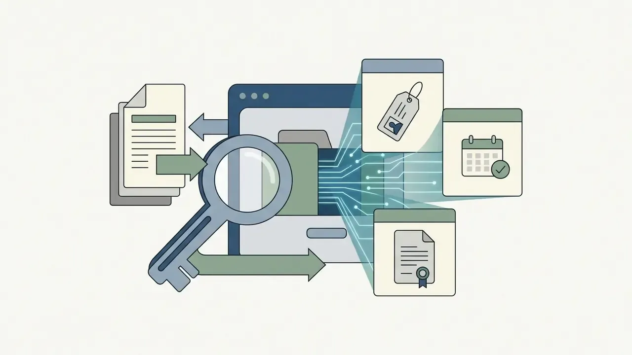 Magnifying glass and key unlocking digital files into license ID, date, and document record icons