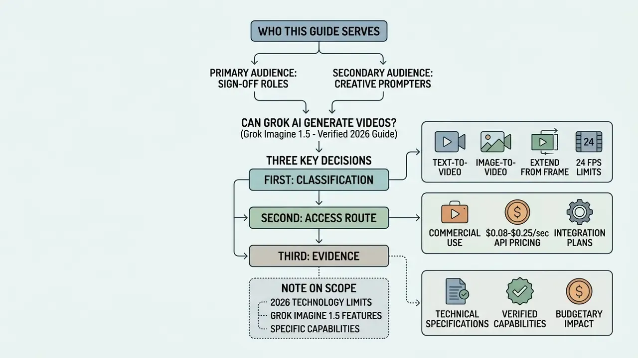 Flowchart outlining audience roles and three key decision points for evaluating a Grok video generator