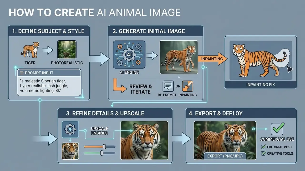 Flowchart showing the four steps to create an AI animal image from prompt definition to final export