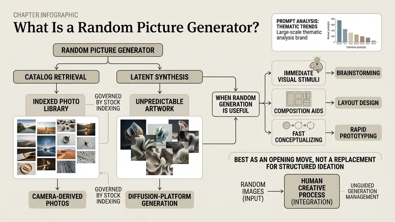Flowchart detailing catalog retrieval and latent synthesis models for a random picture generator